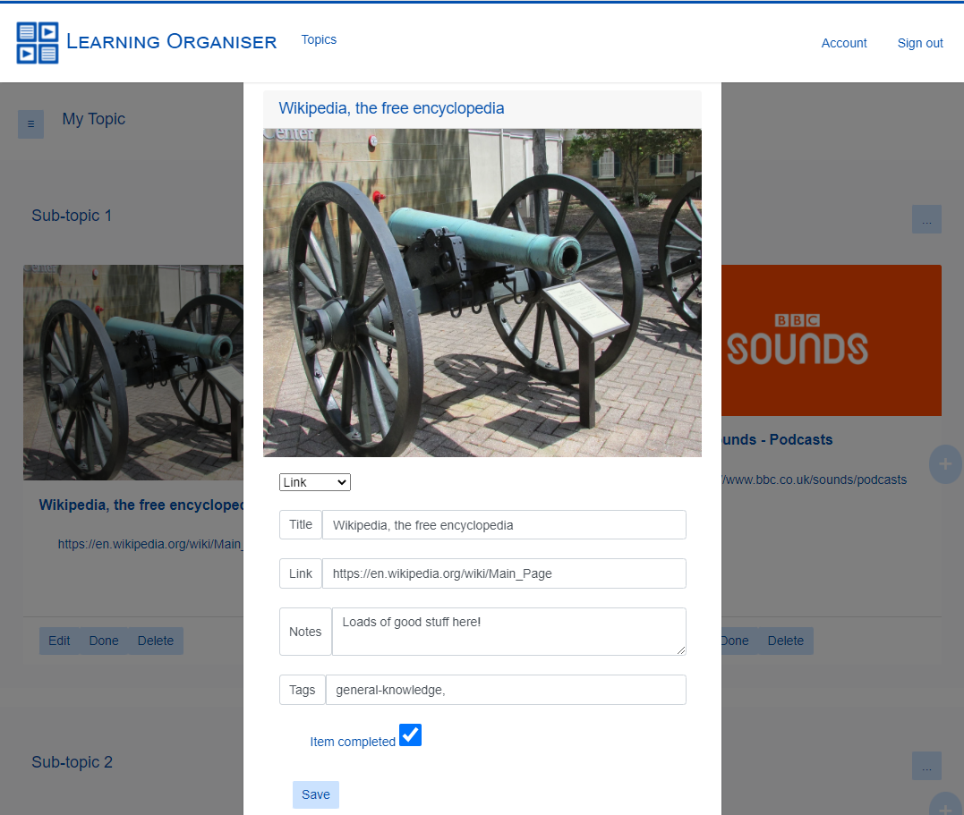 Learning Item Editor showing additional notes and tags.