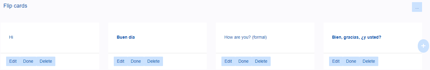 Example flip cards with Spanish words on one side and English on the other.