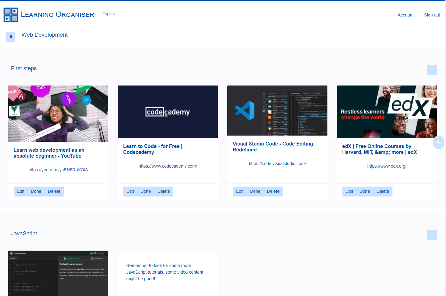 Web app example screen showing linked websites, notes and flip cards.